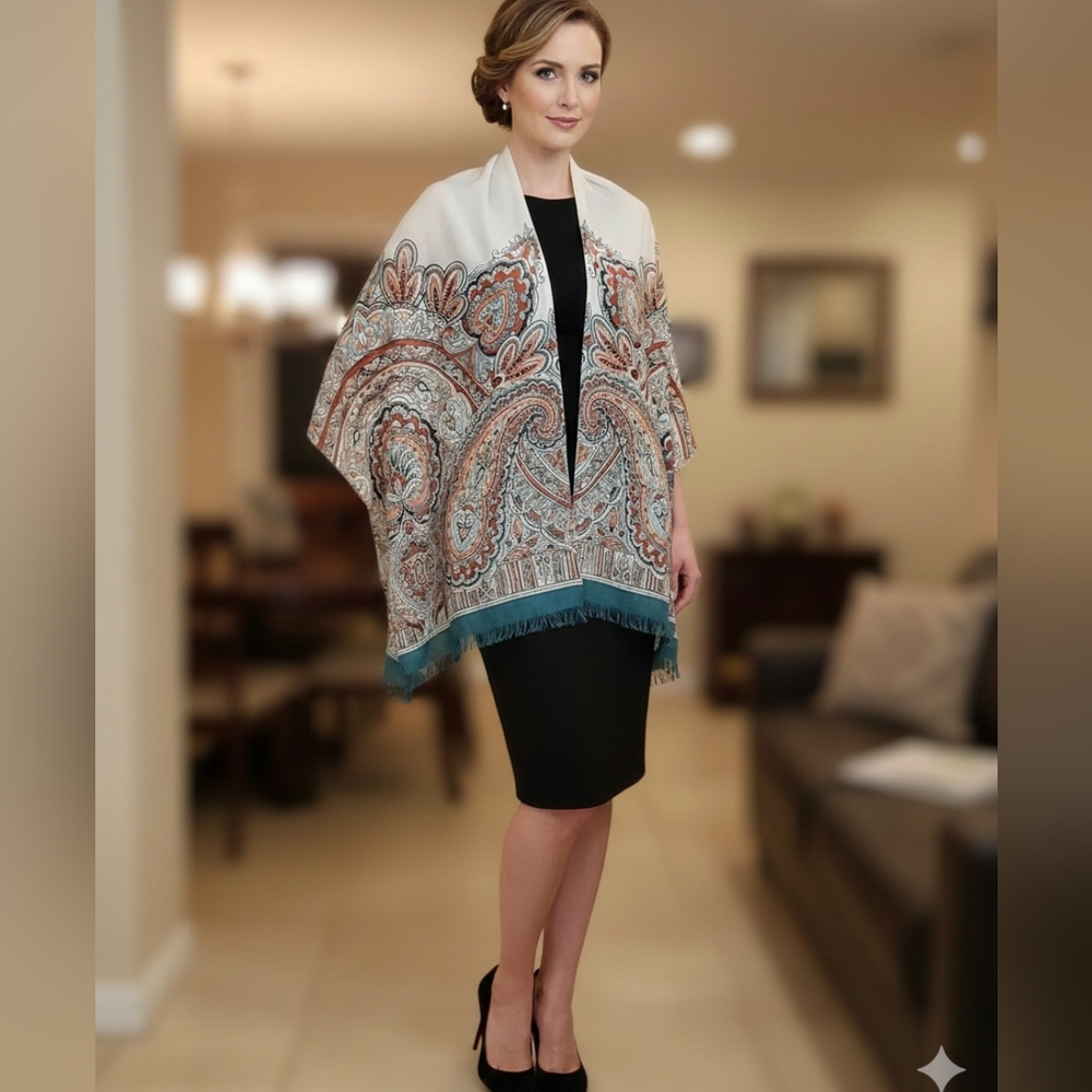 J. Jill Paisley Sweater Shawl in Cream and‎ Teal